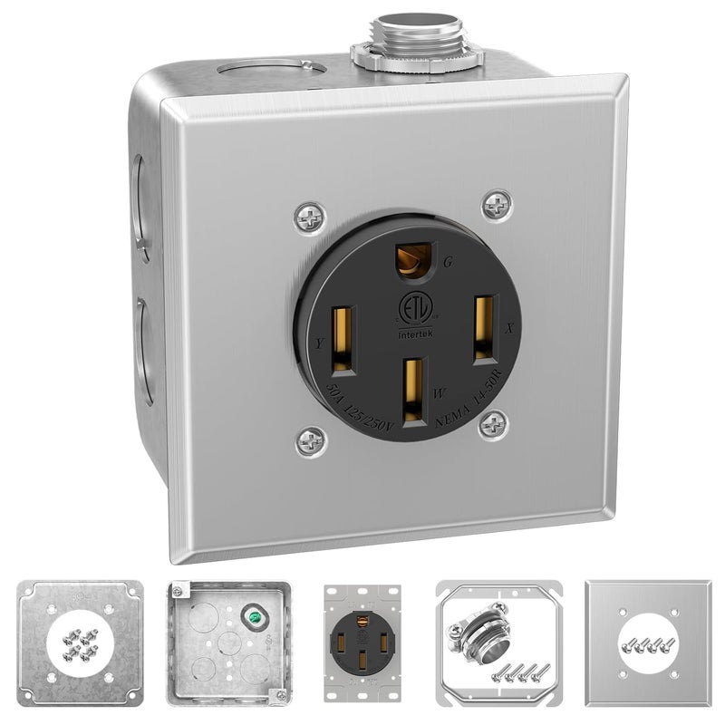 HYDUUU NEMA 14-50 240V Range Outlet Box Installation Kit ETL 4-Prong 50A RV Receptacle UL 4" 2-Gang Metal Electrical Box Plaster Ring Surface Flush Mount Exposed Work Cover Faceplate Clamp Connector - Image 2
